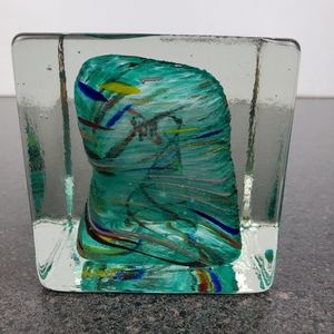 HQT Handmade Cube Blue Swirl Glass Paperweight